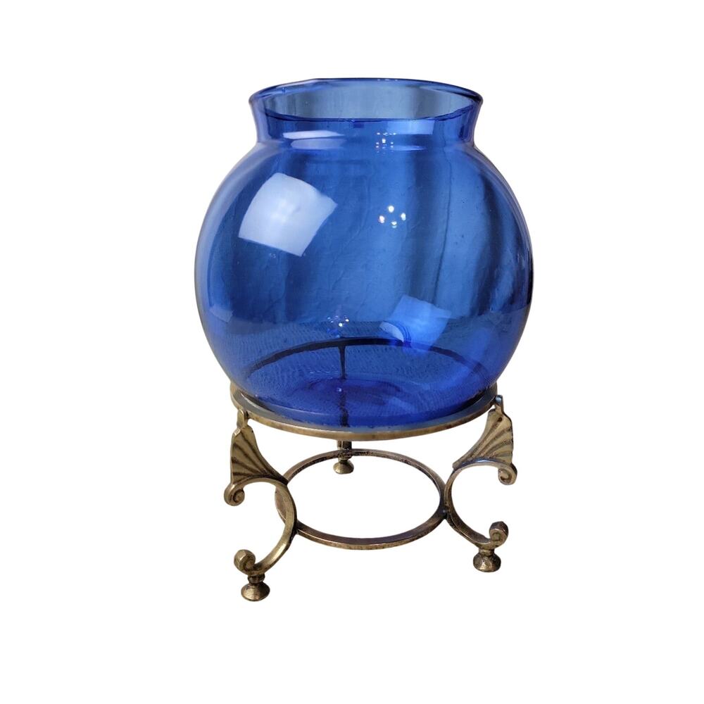 Vidrious San Miguel Blown glass bowl Blue Vintage brass base Round Sphere Vase